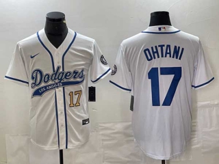 Men's Los Angeles Dodgers #17 Shohei Ohtani White Gold Blue Number Stitched Cool Base NFL Nike Jerseys
