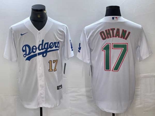 Men's Los Angeles Dodgers #17 Shohei Ohtani White Gold Green Number Stitched Cool Base NFL Nike Jerseys