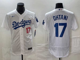 Men's Los Angeles Dodgers #17 Shohei Ohtani White Red Number Stitched Flex Base Nike Jersey