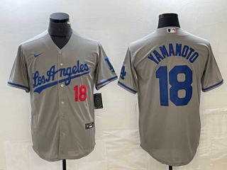 Men's Los Angeles Dodgers #18 Yoshinobu Yamamoto Gray Red Number Stitched Cool Base NFL Nike Jerseys