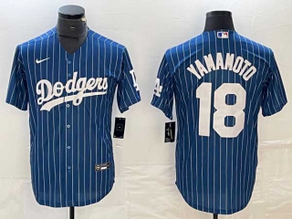 Men's Los Angeles Dodgers #18 Yoshinobu Yamamoto Navy Pinstripe Cool Base Stitched Baseball Jersey