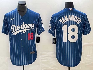 Men's Los Angeles Dodgers #18 Yoshinobu Yamamoto Navy Red Number Pinstripe Cool Base Stitched Baseball Jersey