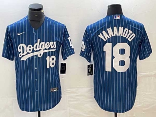 Men's Los Angeles Dodgers #18 Yoshinobu Yamamoto Navy White Number Pinstripe Cool Base Stitched Baseball Jersey