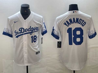 Men's Los Angeles Dodgers #18 Yoshinobu Yamamoto White Blue Number 2021 City Connect Cool Base Stitched Jersey