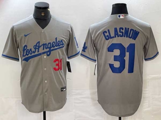 Men's Los Angeles Dodgers #31 Tyler Glasnow Gray Alternate Player Red Number Team Logo Cool Base Jersey