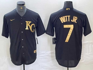 Men's MLB Kansas City Royals #7 Bobby Witt Jr Black Gold Cool Base Stitched Jersey