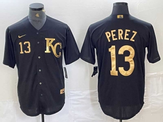 Men's MLB Kansas City Royals #13 Salvador Perez Number Black Gold Cool Base Stitched Jersey