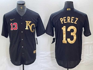 Men's MLB Kansas City Royals #13 Salvador Perez Red Number Black Gold Cool Base Stitched Jersey