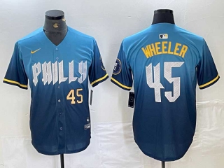 Men's MLB Philadelphia Phillies #45 Zack Wheeler Blue Gold Number 2024 City Connect Limited Cool Base Stitched Jersey